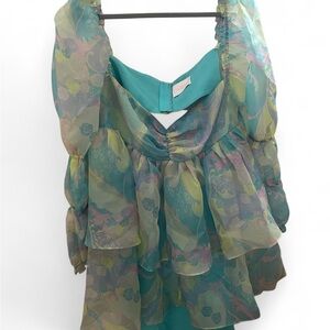 Selkie Psychedelic Puff Sleeve silk and organza backless dress in teal